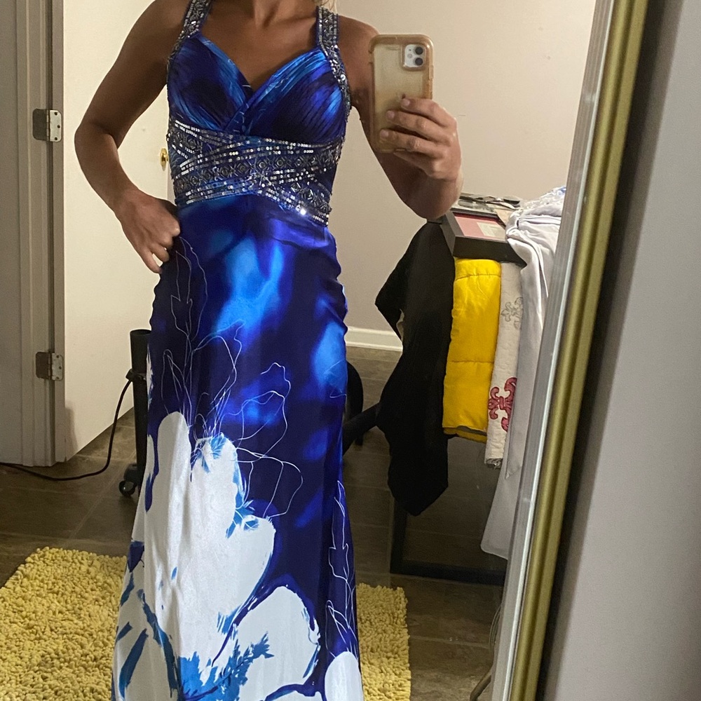 Blue beaded floral formal dress